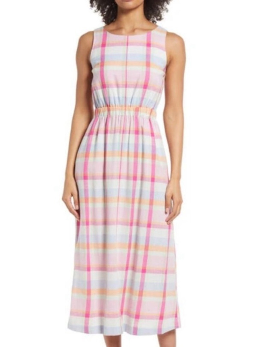 Nordstrom Women’s Linen Blend Midi dress Sz medium tie back cutout plaid preppy